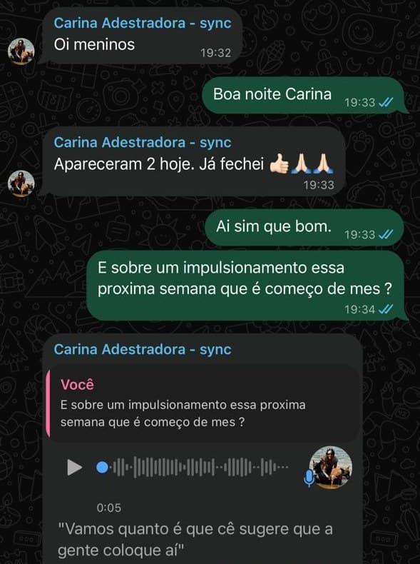 Carina conta no WhatsApp que apareceram 2 clientes no dia e ela fechou os dois, e pergunta quanto investir a mais